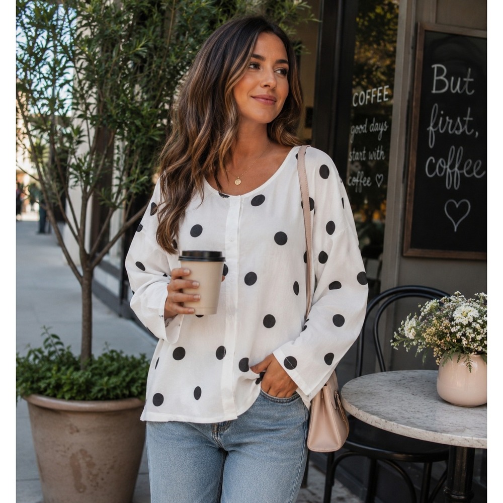 Misslook Womens Polka Dot Button Up Blouse White Black Long Sleeve Top 2XL